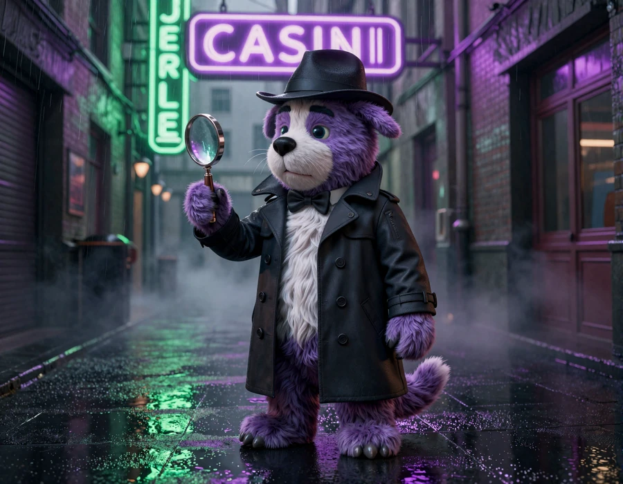 Detektiv Irwin in Trenchcoat und Fedora vor neonviolettem Casino-Schild - Maskottchen Irwin Casino